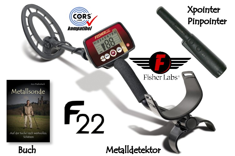 Metalldetektor Premium Ausr&uuml;stungspaket Fisher F22 mit Quest Xpointer Pinpointer